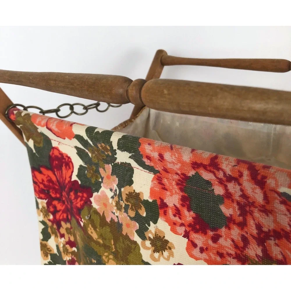 VTG Floral Tapestry Folding Knitting Yarn Basket Wooden Magazine Rack MCM Red EC
